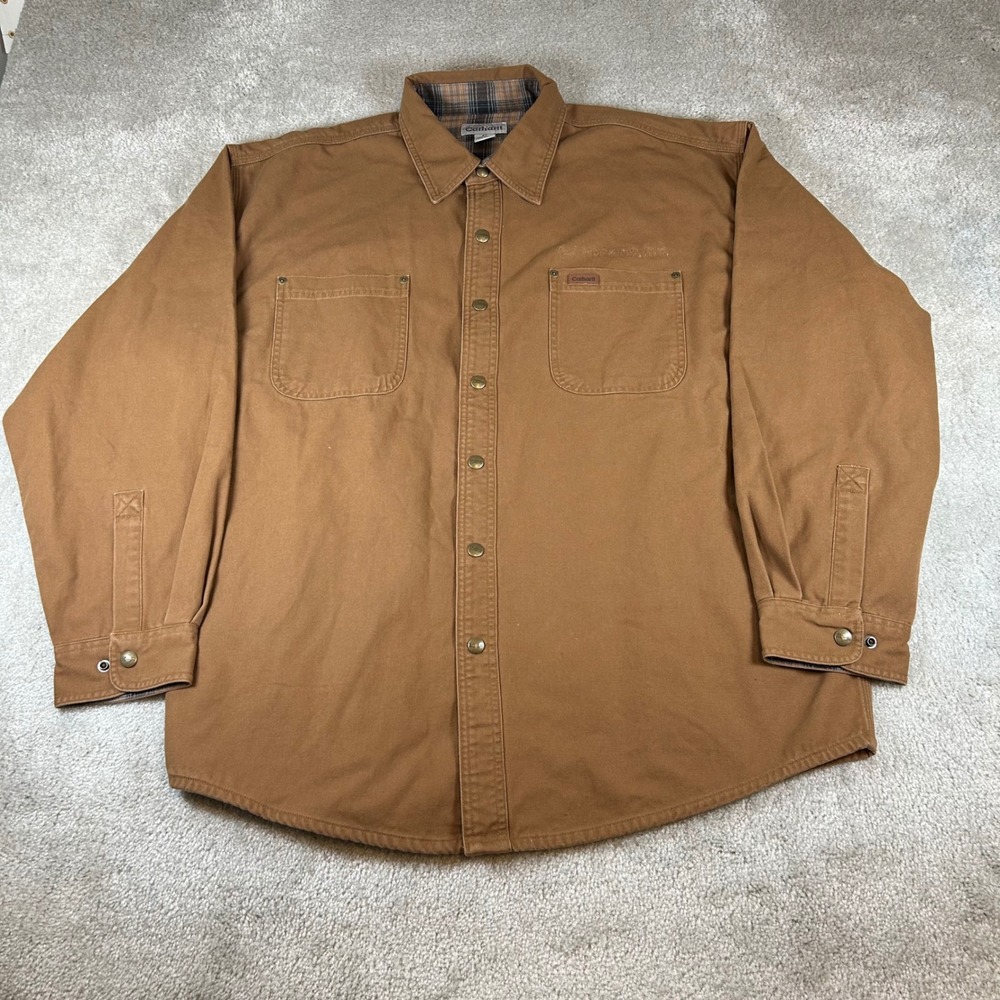 Vintage Carhartt Shirt Jacket Mens XL Brown Flannel Lined Canvas Snap S96BRN USA